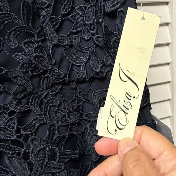 NWT Eliza J Asymmetric Lace Overlay Midi Dress Size 12 Navy Blue Lined Fit Flare - Picture 8 of 9